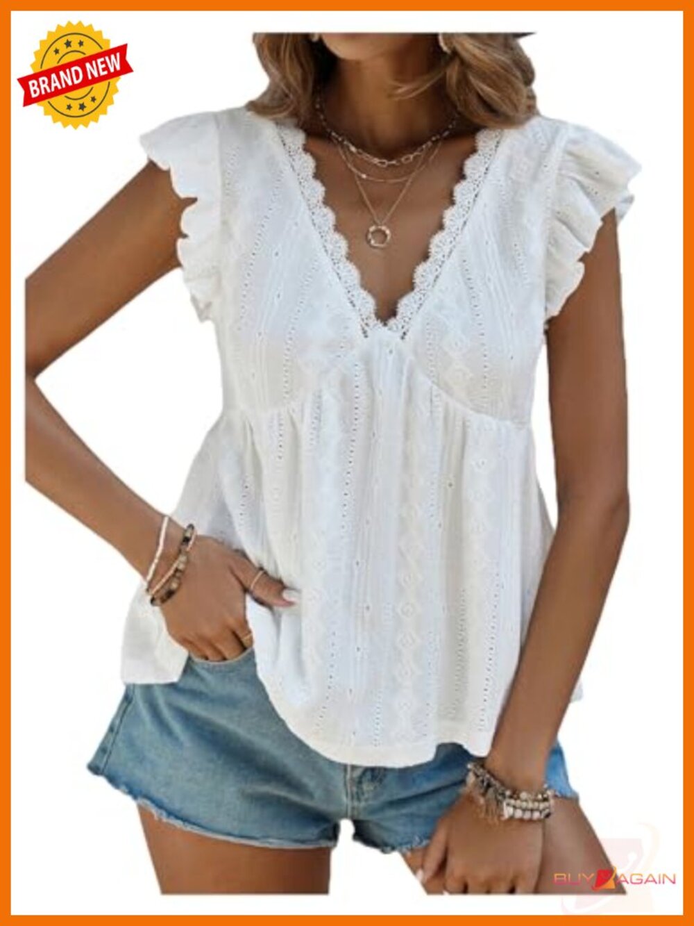 Lace Trimmed Ruffled Eyelet Flowy Blouse